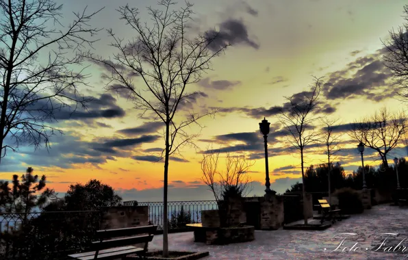 Picture sunset, lights, benches, square, Fabry