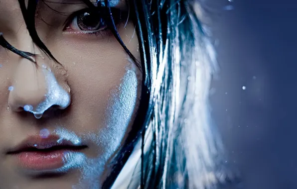 Girl, Asian, Black, Water, Face, Hair, Drops