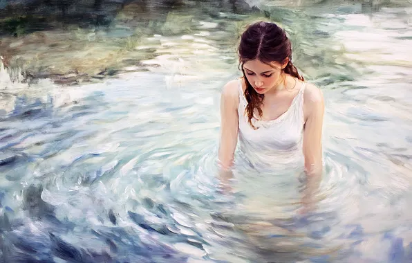 Water, girl, bathing, is, pond, in the water, imitation painting, AI art
