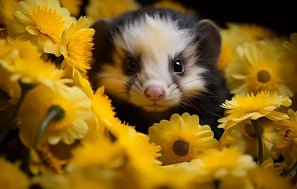 Look, flowers, yellow, animal, face, cub, ferret, ferret