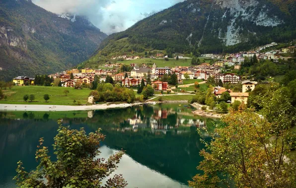 Mountains, lake, home, Italy, Molveno