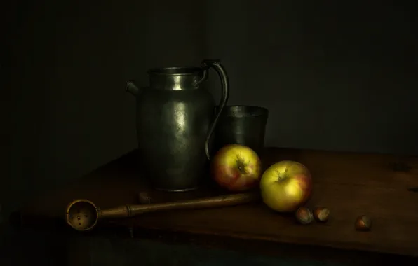 Apples, dishes, pitcher, nuts, ladle