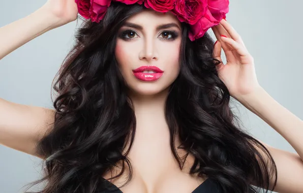 Picture flowers, looking, brunettte