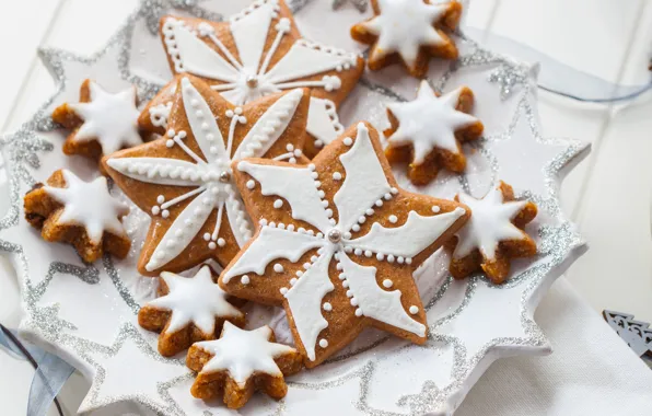 Winter, stars, New Year, cookies, plate, Christmas, stars, Christmas