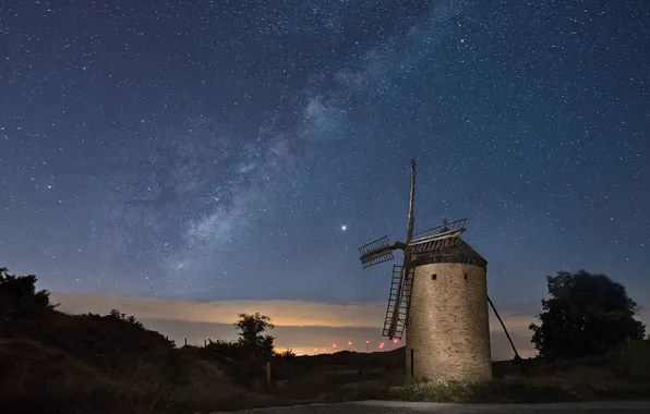 The sky, space, stars, night, The milky way, windmill