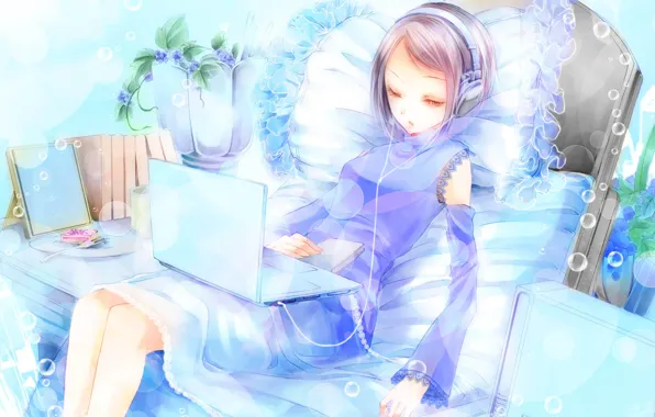 Picture girl, the evening, pillow, anime, art, laptop, leisure