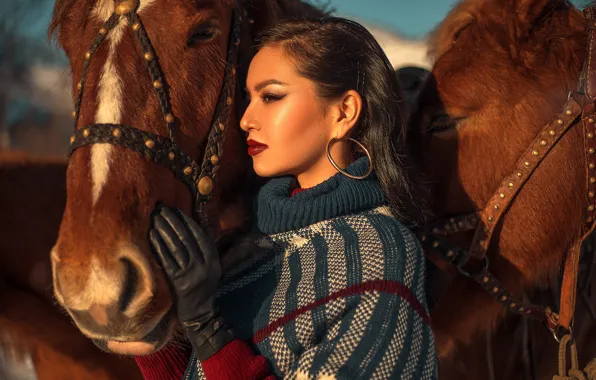Girl, face, hand, horses, makeup, horse, profile, glove
