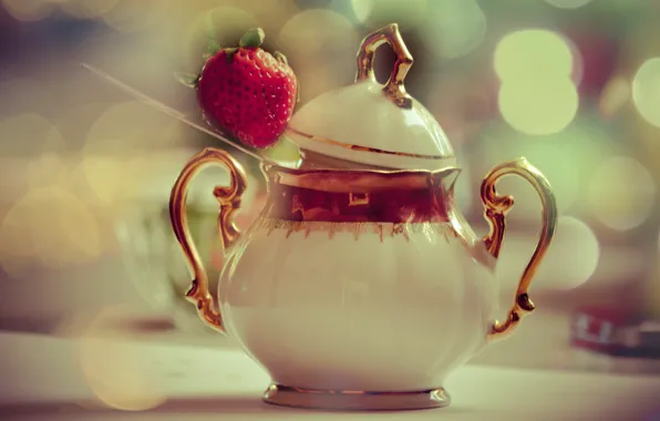 Macro, background, food, lights, strawberry, sugar bowl