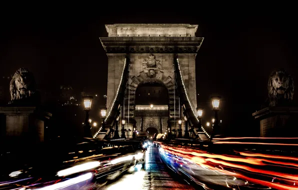 Night, lights, Leo, support, Hungary, Budapest, Chain bridge