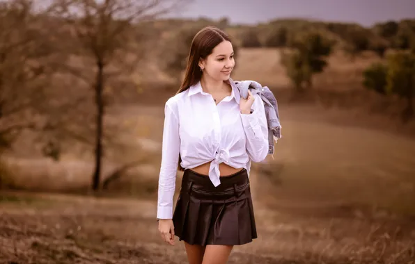 Autumn, girl, nature, pose, smile, photo, model, skirt