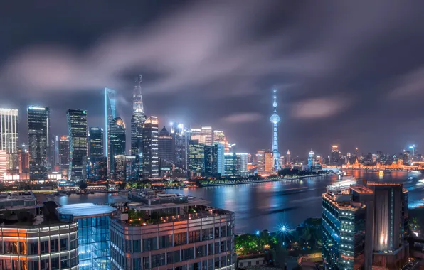 Clouds, light, night, the city, lights, fog, building, tower