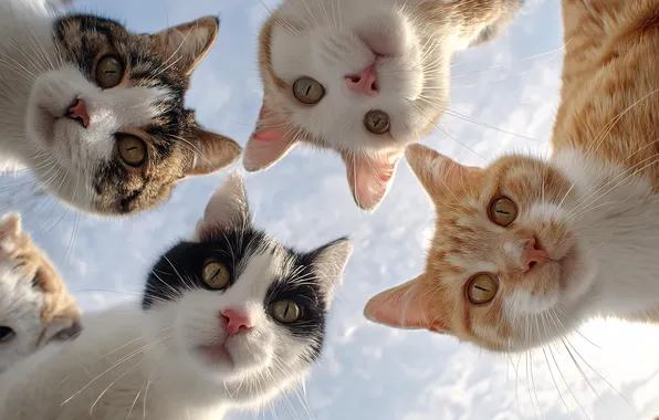 The sky, look, clouds, cats, pose, cats, gang, company