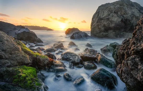 Sea, the sun, stones, rocks, shore, morning, haze, boulders