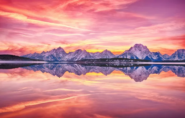 Picture the sky, snow, trees, red sky, reflexom mountains