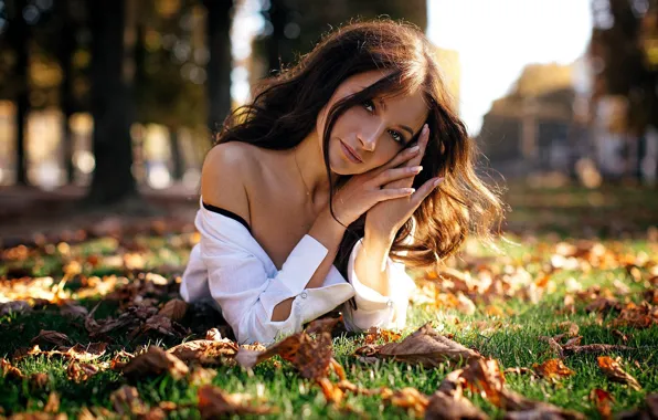 Autumn, look, leaves, girl, the sun, beautiful, shoulder, Sergey Vostrikov