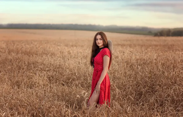 Field, girl, nature, hat, dress, brunette, ears, Victoria Dubrovskaya