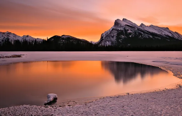 Winter, sunset, mountains