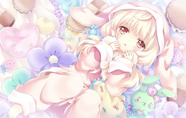 Flowers, anime, art, girl, Bunny
