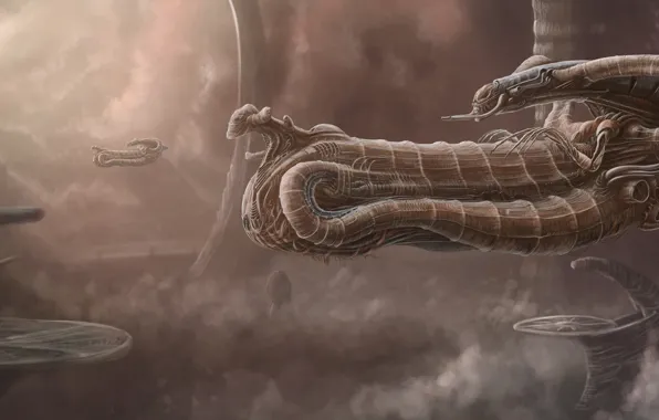 Clouds, Ship, Fantasy, Art, Spaceship, Alien, Fiction, Spaceship