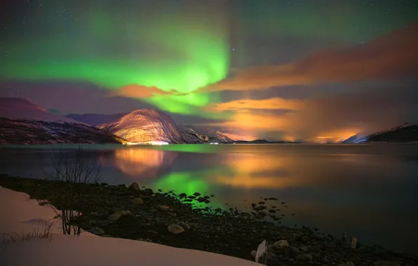 Picture the sky, stars, mountains, night, shore, Northern lights, Aurora Borealis