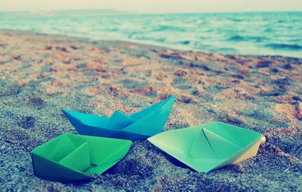 Sand, sea, Wallpaper, colored, paper boats