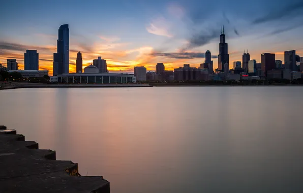 Picture the city, the ocean, shore, skyscrapers, Chicago, Illinois, panorama