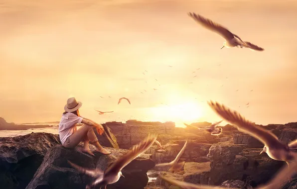 Girl, birds, mood