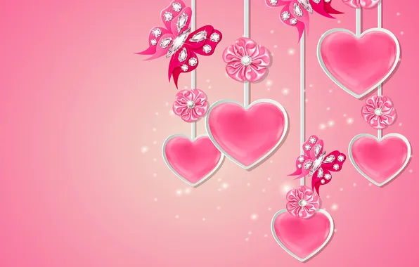 Love, design, pink, flowers, hearts, sparkle, butterflies, diamonds