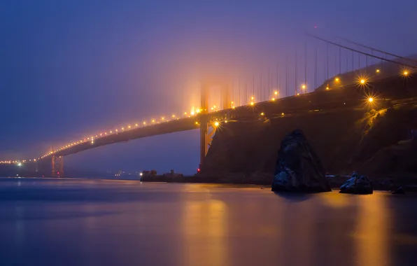 Bridge, lights, fog, San Francisco, twilight