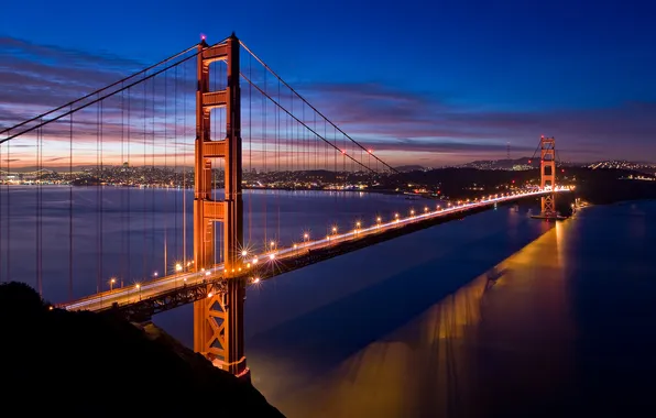 Bridge, lights, the evening, Golden Gate, USA, San Fracisco