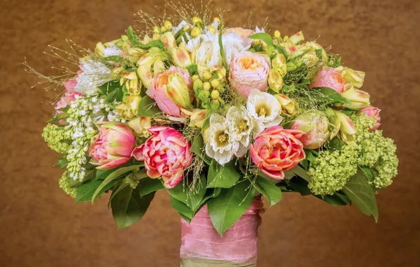 Roses, bouquet, peonies, roses, eustoma, peonies, Bouquets