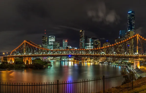 Night, bridge, lights, river, home, Australia, lights, promenade