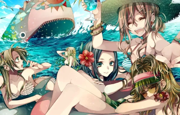 Picture sea, swimsuit, summer, girl, day, cocktail, dolphins