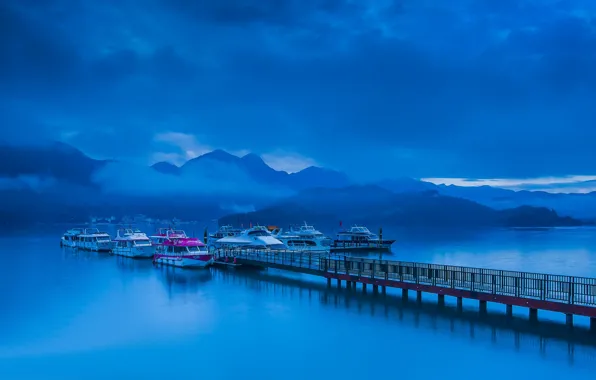 Picture mountains, clouds, lake, pier