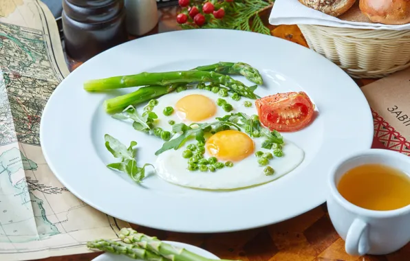 Tea, Breakfast, peas, scrambled eggs, asparagus