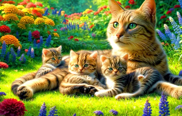 Greens, cat, summer, look, flowers, glade, garden, kittens