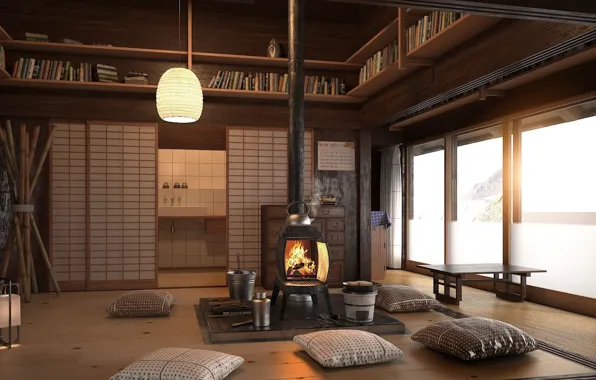 Design, interior, fireplace, library, living room, rest room, Asian style, tea room