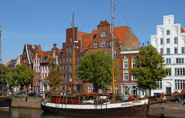 Building, sailboat, Germany, Lubeck, promenade, Germany, galeas, Lübeck