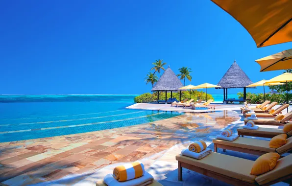 Sea, the sky, the ocean, stay, umbrella, pool, pillow, the Maldives