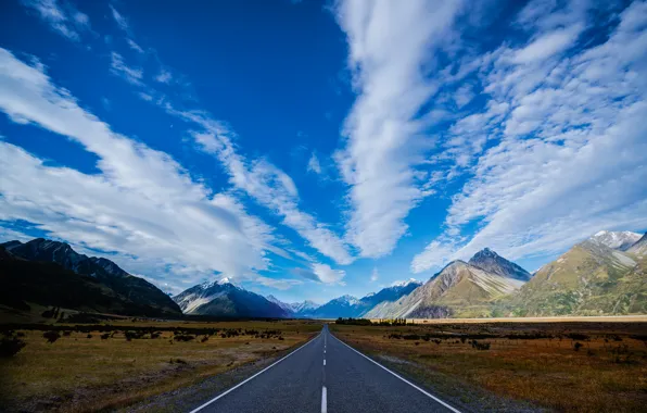 Picture road, the sky, clouds, mountains, blue, track, New Zealand, highway