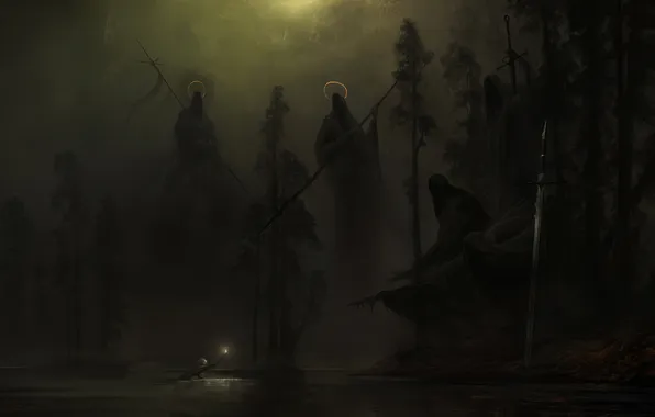 Mystic, dark water, sacrifice, damn place, Sawan, faceless, the fog at night, ancient gods
