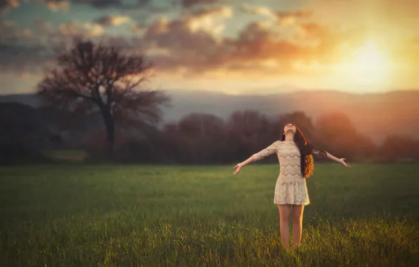 Field, the sky, freedom, girl, clouds, sunlight