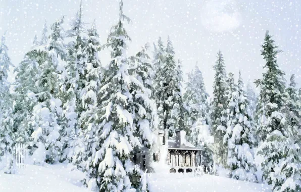 Snow, house, tree, Winter