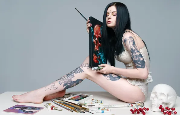 Pose, background, paint, model, panties, skull, picture, makeup