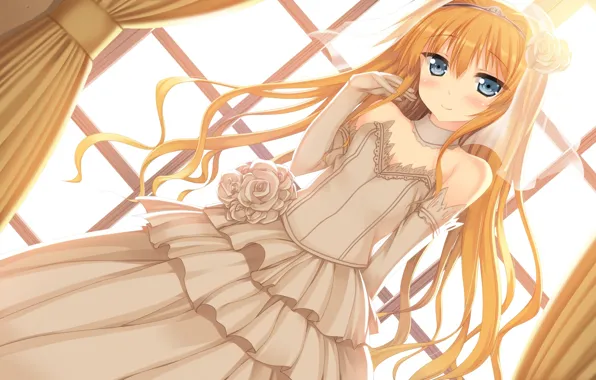 Window, neckline, gloves, the bride, Diadema, veil, long hair, art