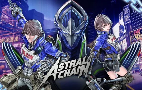 Girl, the city, weapons, fiction, advertising, armor, guy, Astral Chain
