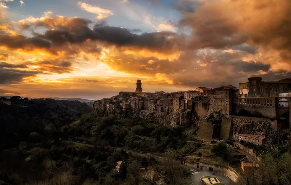 Sunset, cloud, italy, town, pitigliano