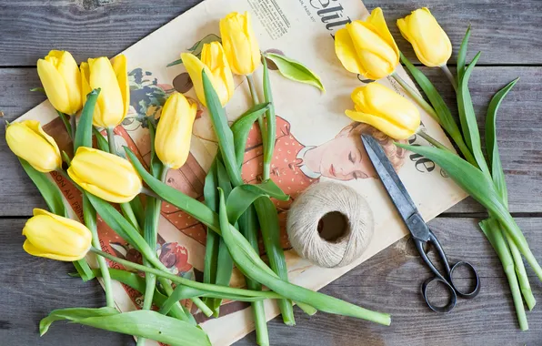 Flowers, spring, yellow, tulips, thread, scissors