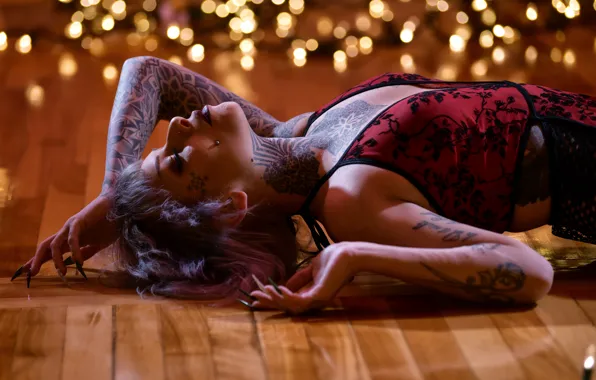 Picture girl, pose, hands, makeup, tattoo, claws, on the floor, closed eyes
