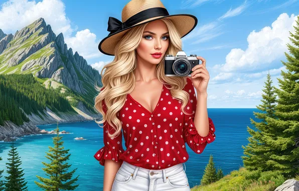 Forest, the sky, look, girl, mountains, pose, hat, the camera